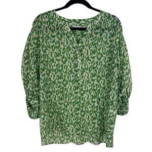 Freda Green White Animal Print Gold Star Roll Tab Sleeve Top Womens T4 / Large?